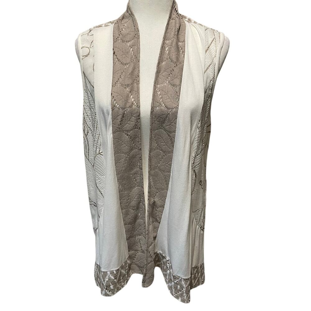 Chico’s Open Front Sleeveless Cardigan Vest Duster L Crochet Knit Mesh Cream